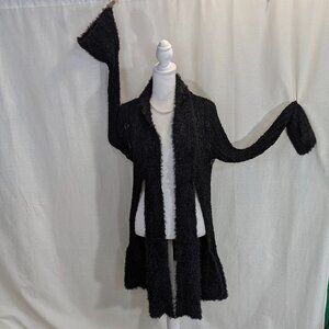 Bacci Size Small Furry Black Open Cardigan With Tie/Scarf